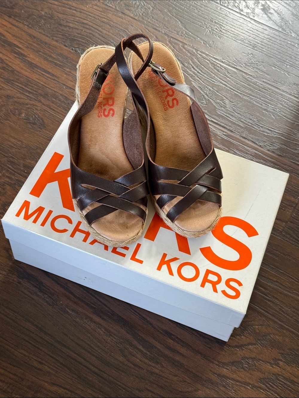 Michael Kors Dark Brown Leather Espadrille Wedge Sandals